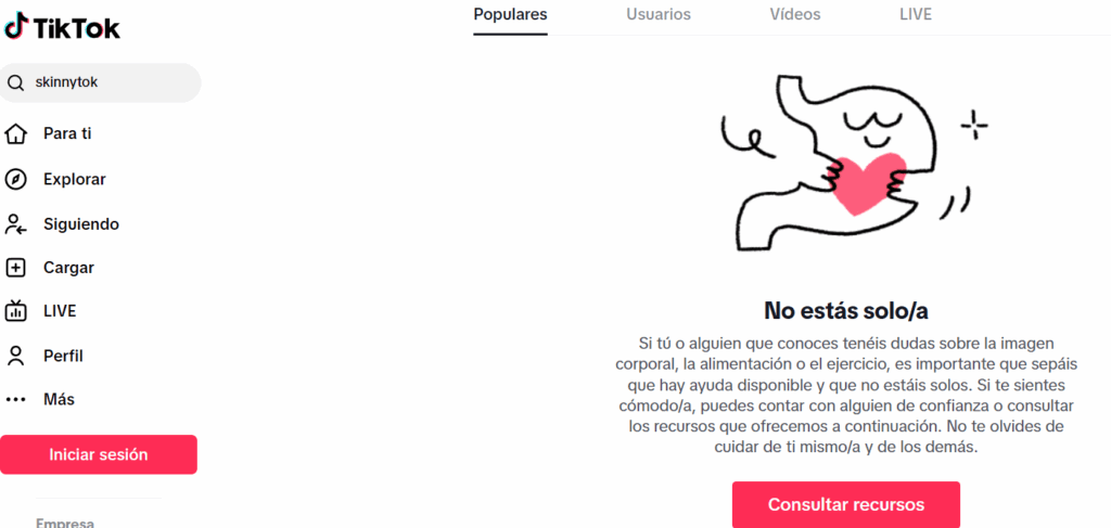 Mensaje de ayuda que aparece en TikTok cuando se escribe el hashtag #SkinnyTok.
