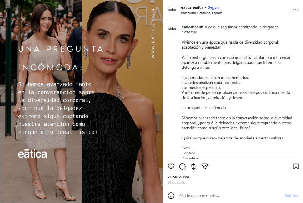 Publicación en Instagram sobre la vuelta a la extrema delgadez a pesar de los avances respecto a la diversidad corporal. 