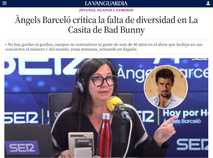 Pantallazo de una noticia de La Vanguardia en la que la periodista Àngels Barceló critica la falta de diversidad en La Casita de Bad Bunny.