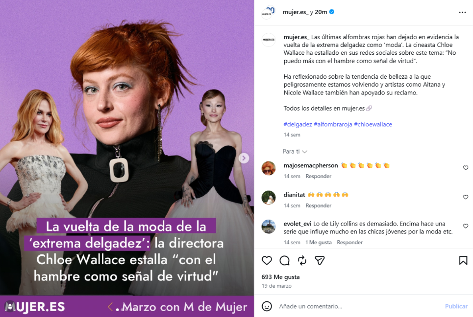 Publicación en Instagram que se hace eco de las críticas de la directora de cine Chloe Wallace a la vuelta de la moda de la extrema delgadez.