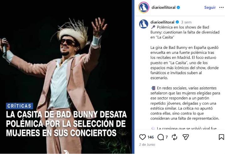 Publicación en Instagram de Diario Litoral sobre la polémica por la selección de las mujeres en La Casita en los conciertos de Bad Bunny 