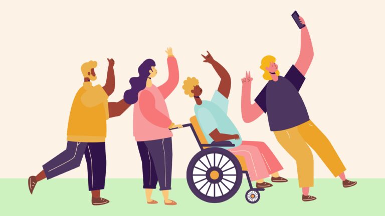 Ilustración en la que aparecen cuatro personas con cuerpos no normativos, una de ellas en silla de ruedas, haciéndose un selfie.