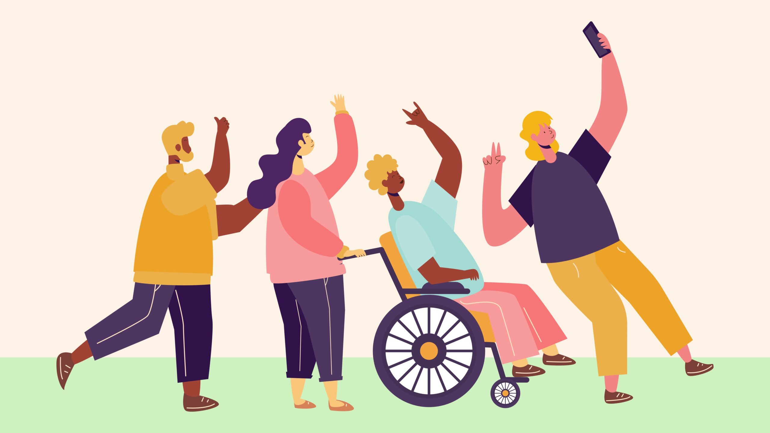 Ilustración en la que aparecen cuatro personas con cuerpos no normativos, una de ellas en silla de ruedas, haciéndose un selfie.