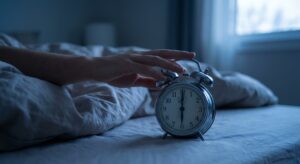 Imagen nocturna de una mano que apaga un despertador que señala las seis de la mañana.