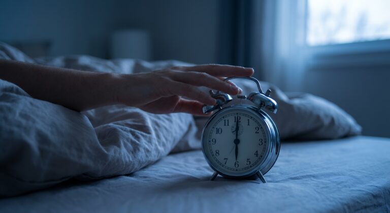 Imagen nocturna de una mano que apaga un despertador que señala las seis de la mañana.
